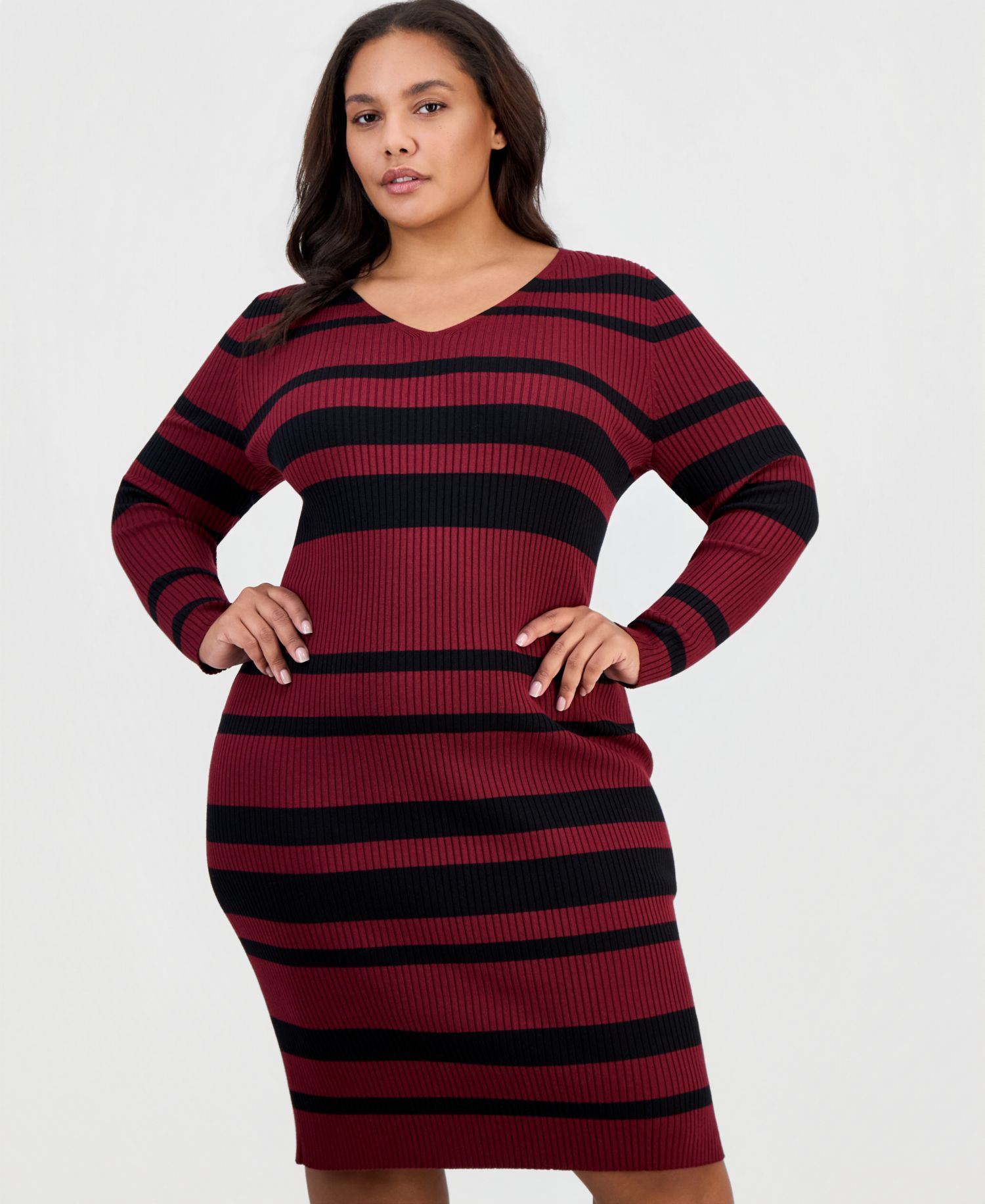 Plus Size Long-Sleeve V-Neck Body-Con Midi Dress