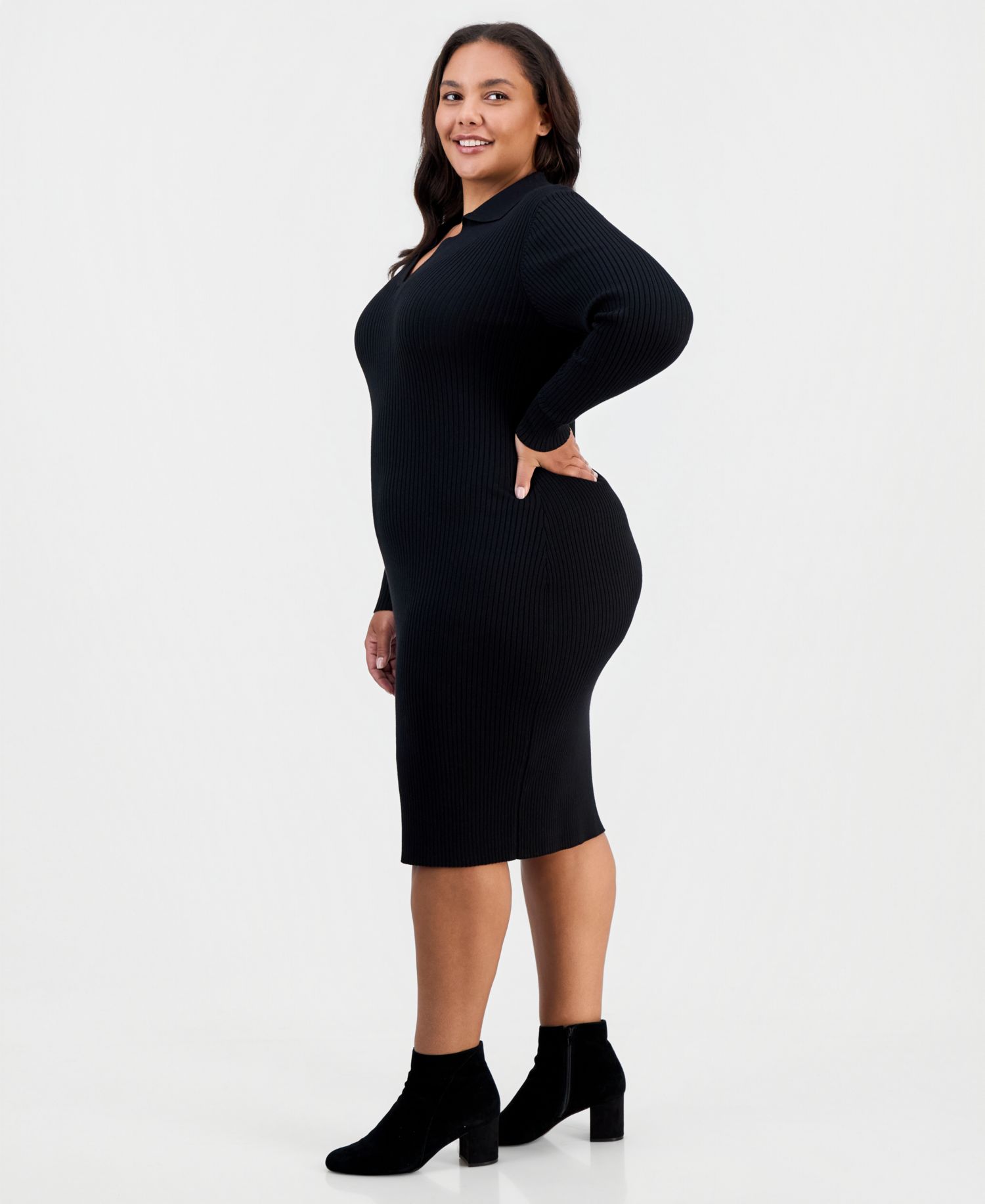 Plus Size Long-Sleeve Bodycon Polo Collar V-Neck Rayon-Polyester Blend Midi Dress