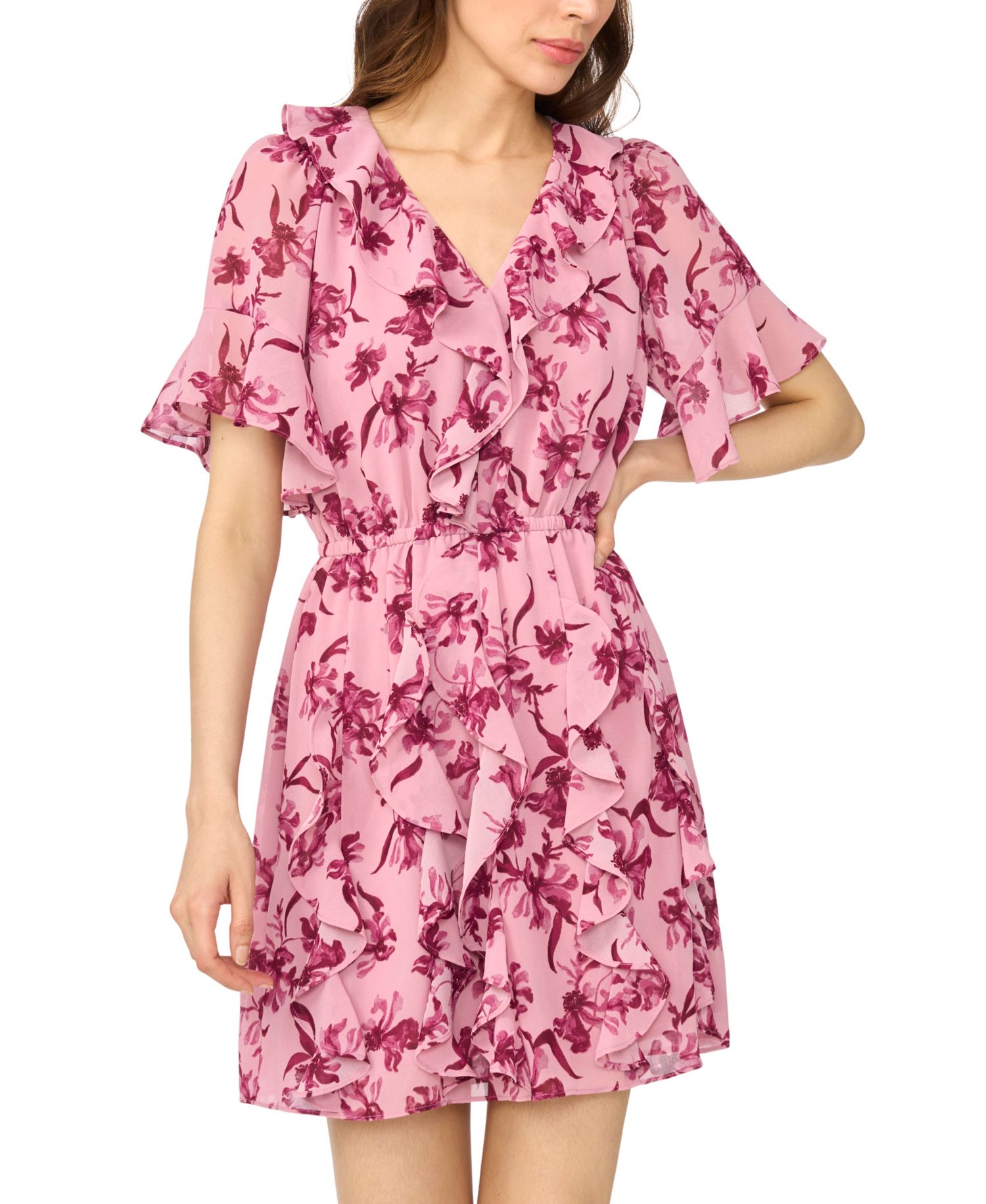Women's Waterfall Ruffle Short-Sleeve Mini Floral V-Neck Dress