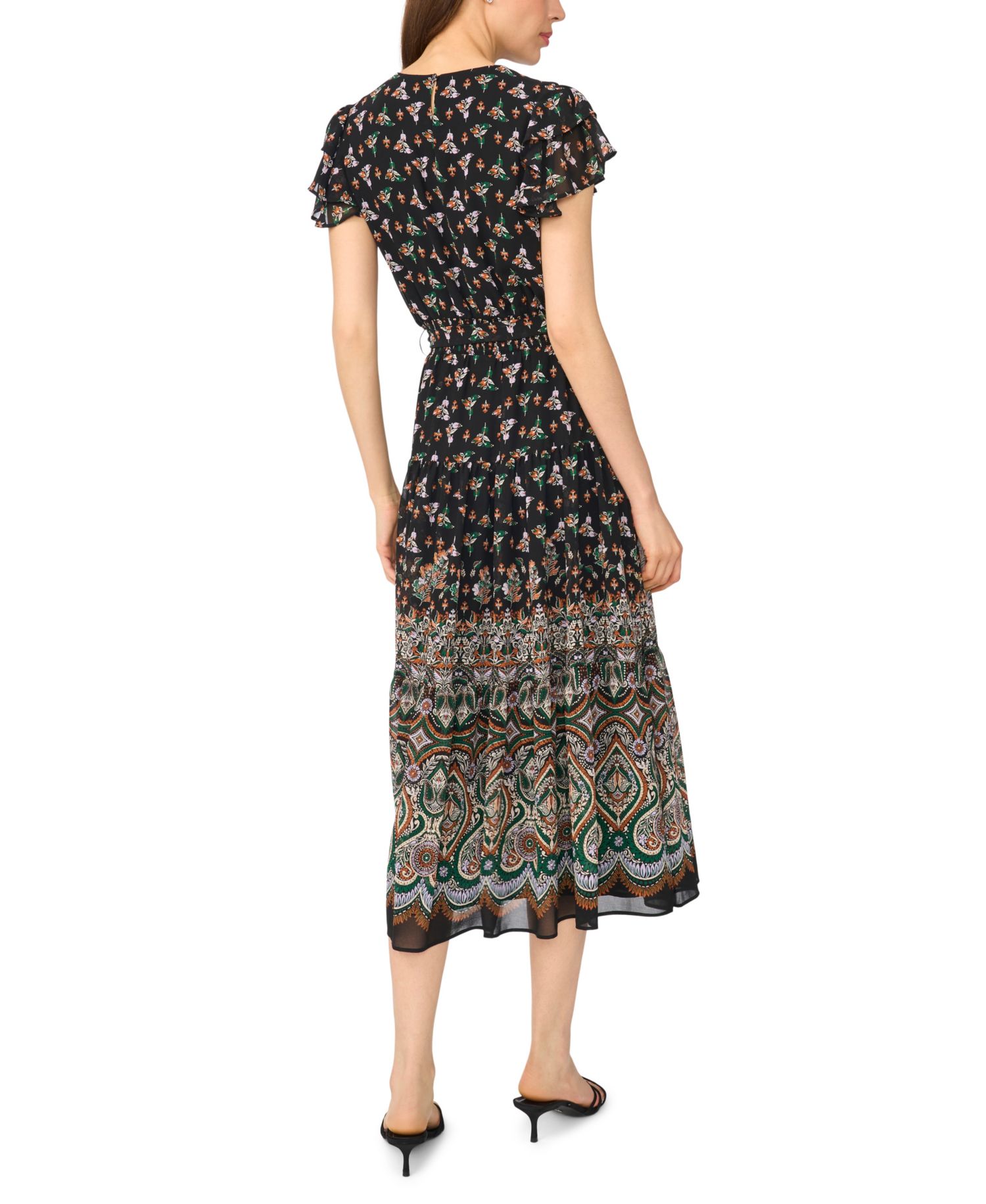Women's Flutter-Sleeve Tie-Waist Midi Dress