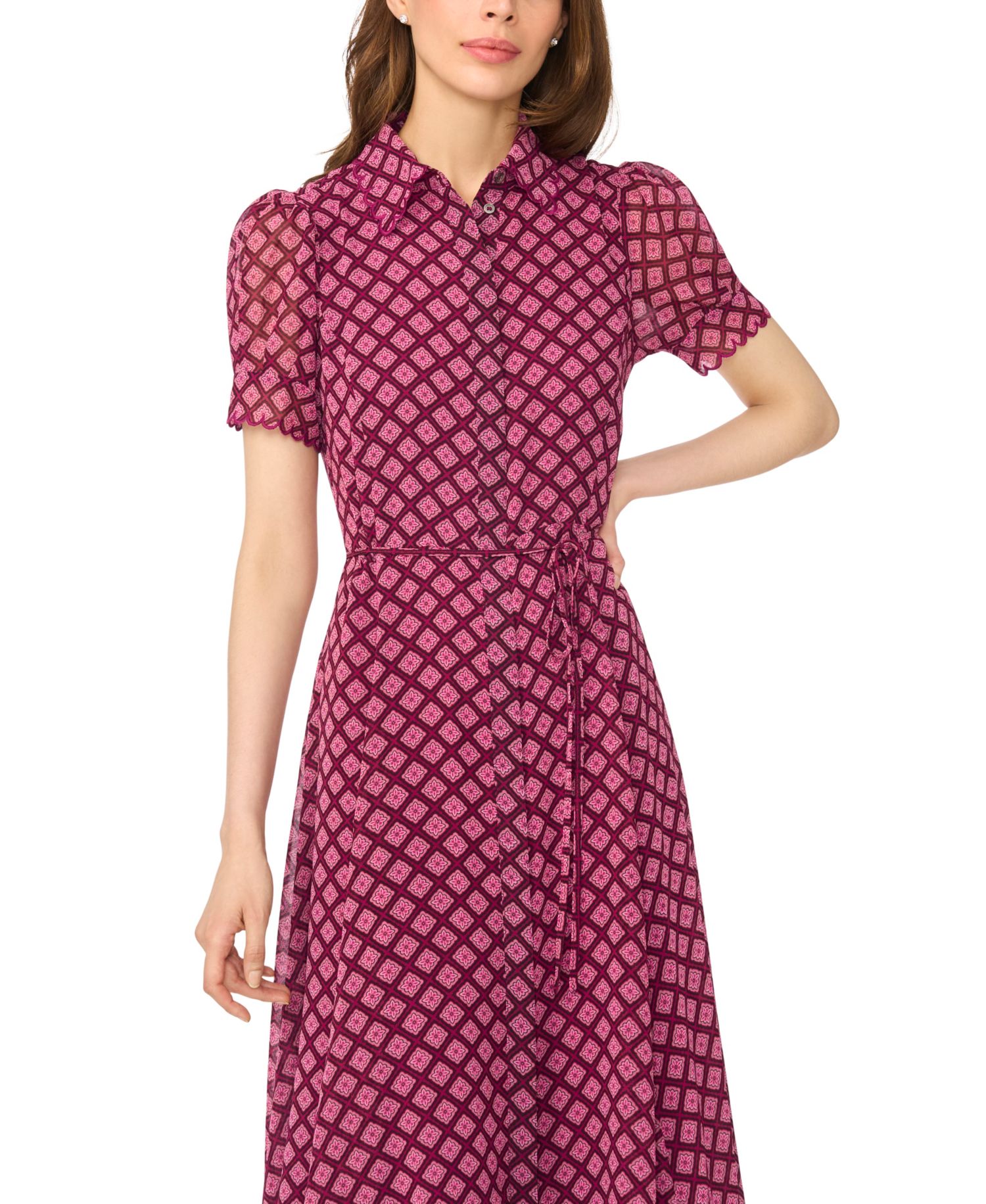 Women's Scalloped Geometric-Print Short-Sleeve Midi Dress
