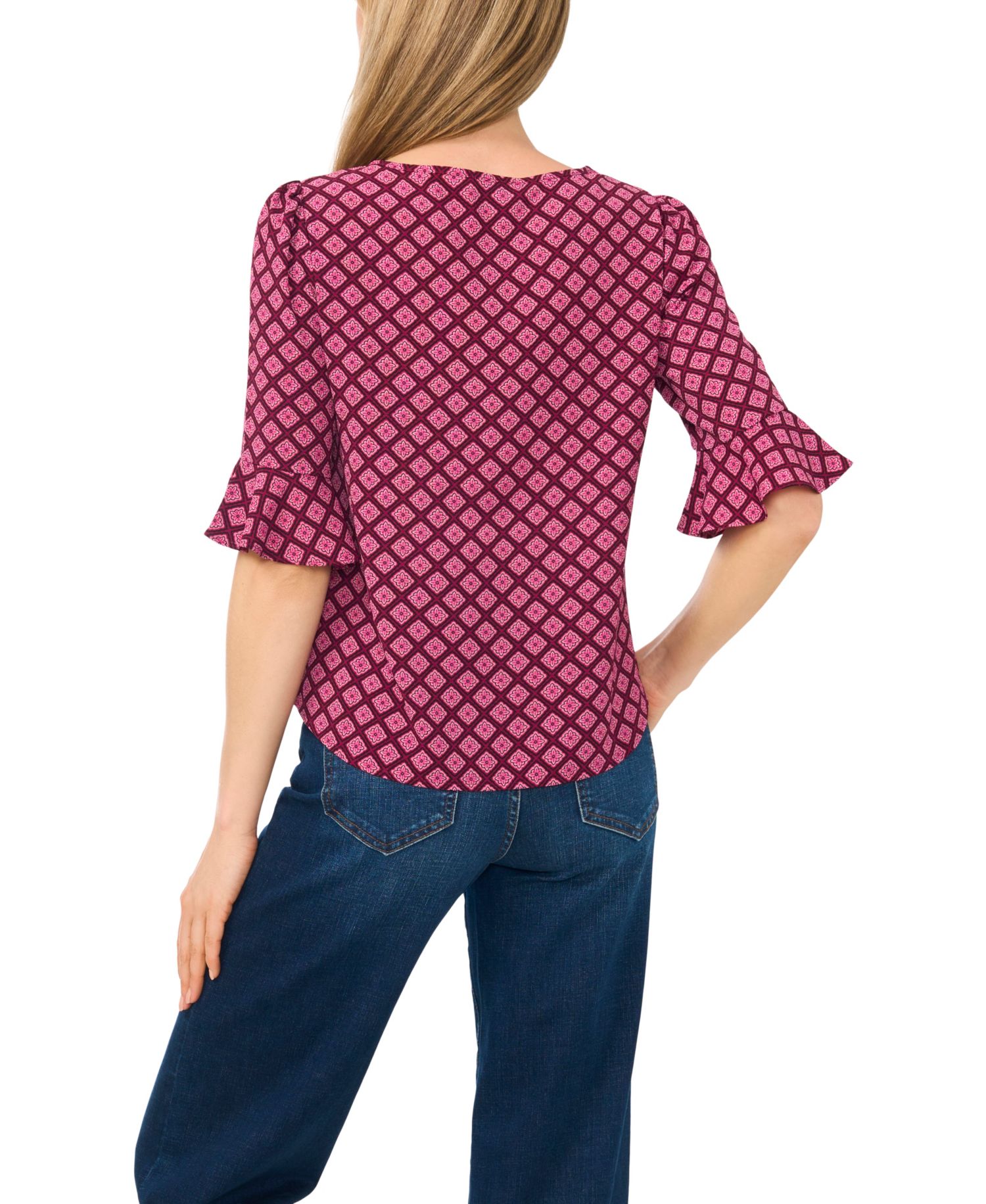 Women's Split Tie Neck 3/4-Sleeve Ruffle Cuff Blouse