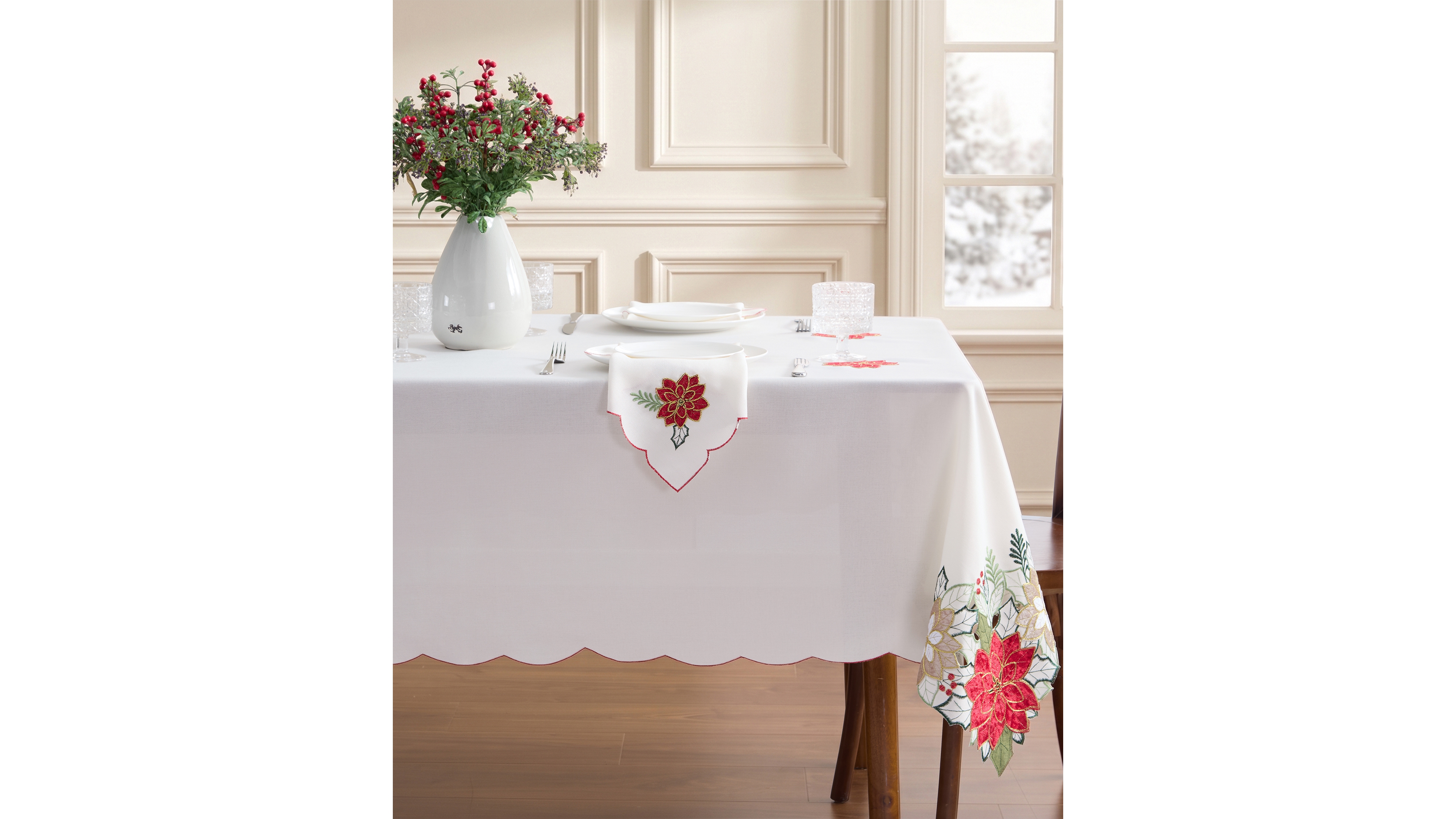 Elrene Classic Holiday Poinsettia Cutwork Embroidered Tablecloth, 60" x 84"