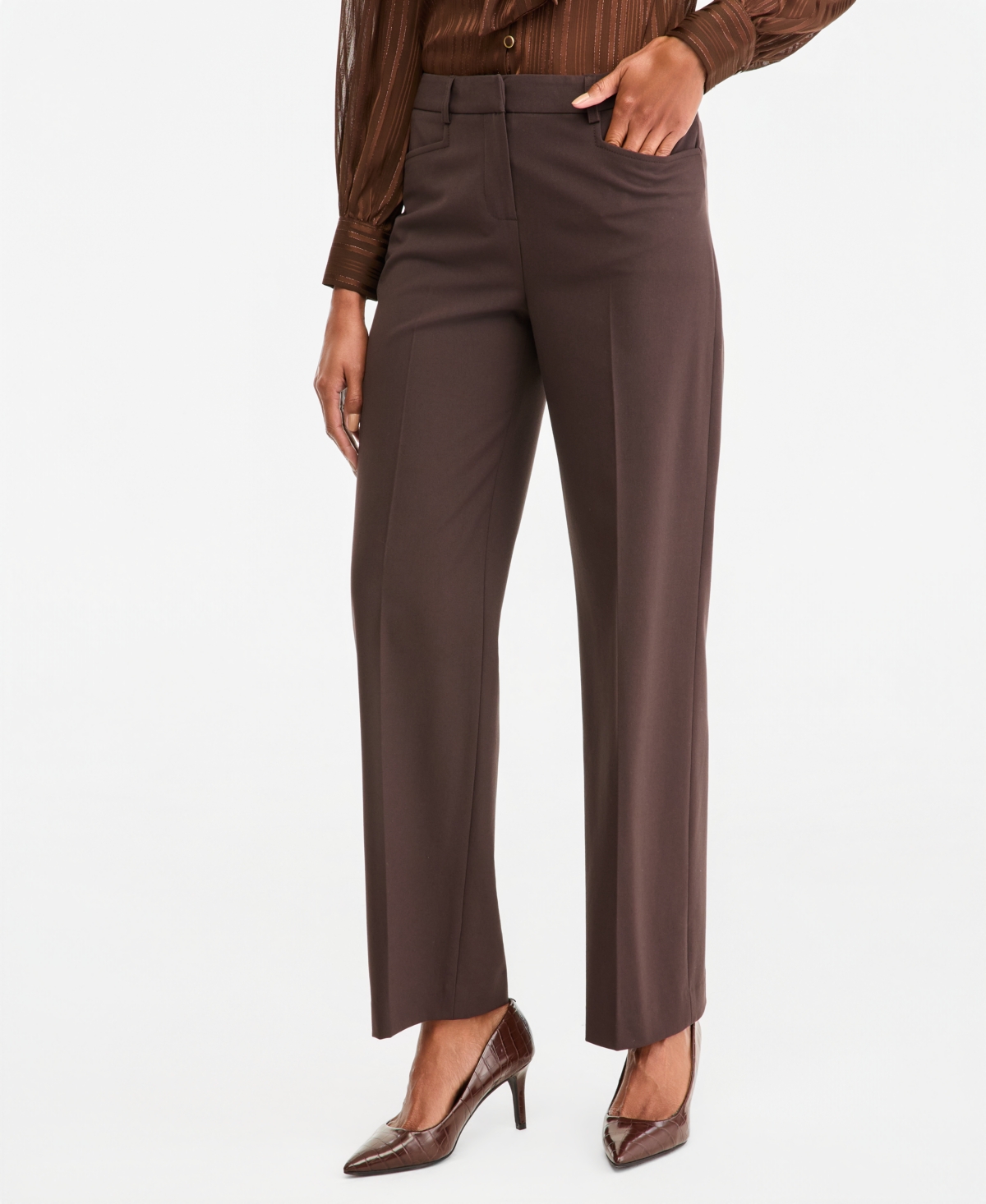 Tahari Asl Women's Bird Eye Mid-Rise Flare-Leg Pants