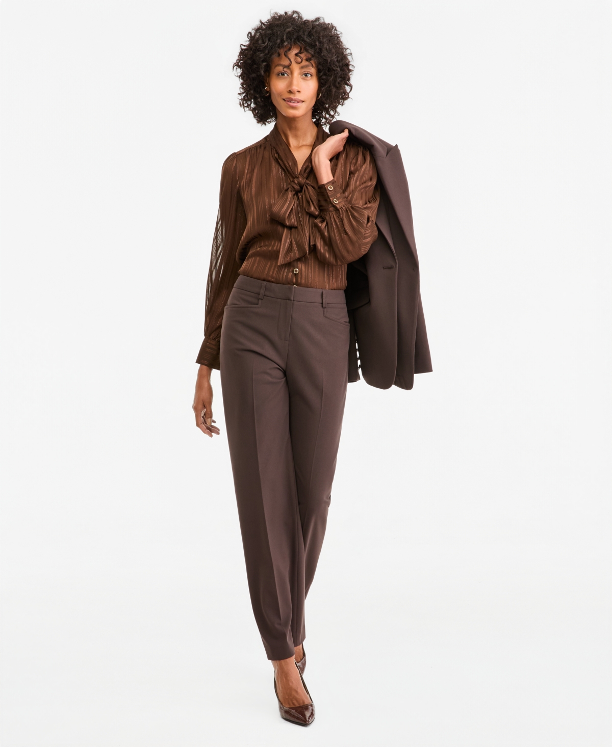 Tahari Asl Women's Tie Neck Satin Stripe Long-Sleeve Blouse