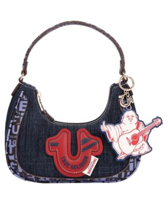 Graphic Trim Denim Hobo Bag with Buddha Charm