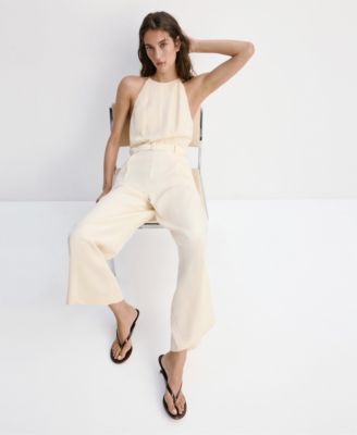 Women's Wide-Leg Sleeveless Belt Detail Halter Jumpsuit