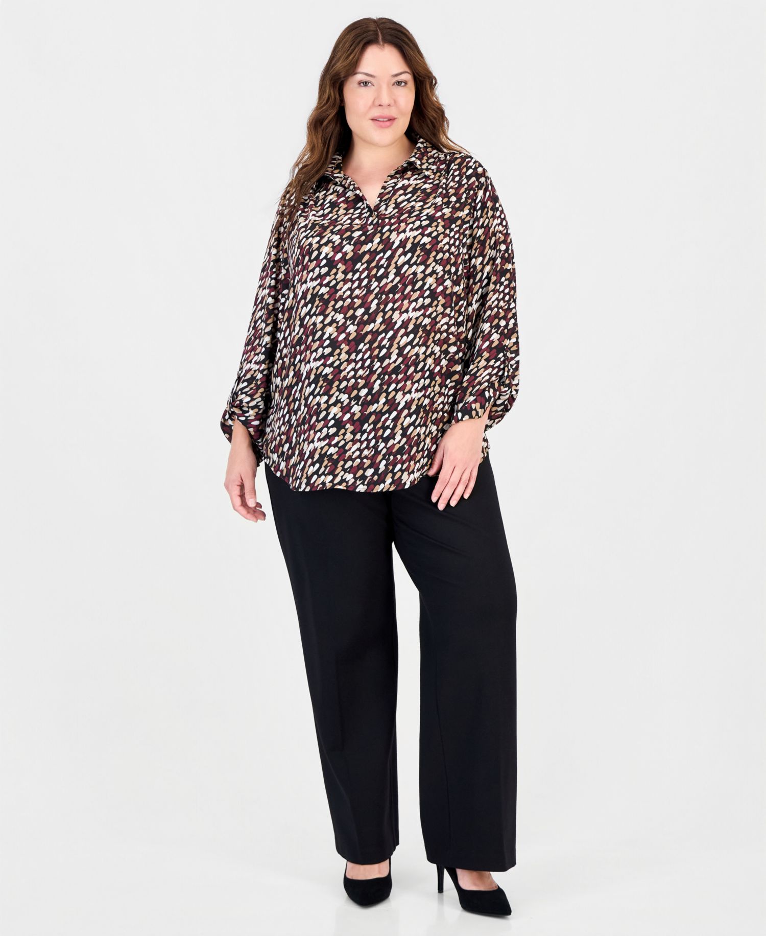 Plus Size V-Neck Long Roll-Tab Sleeves Blouse
