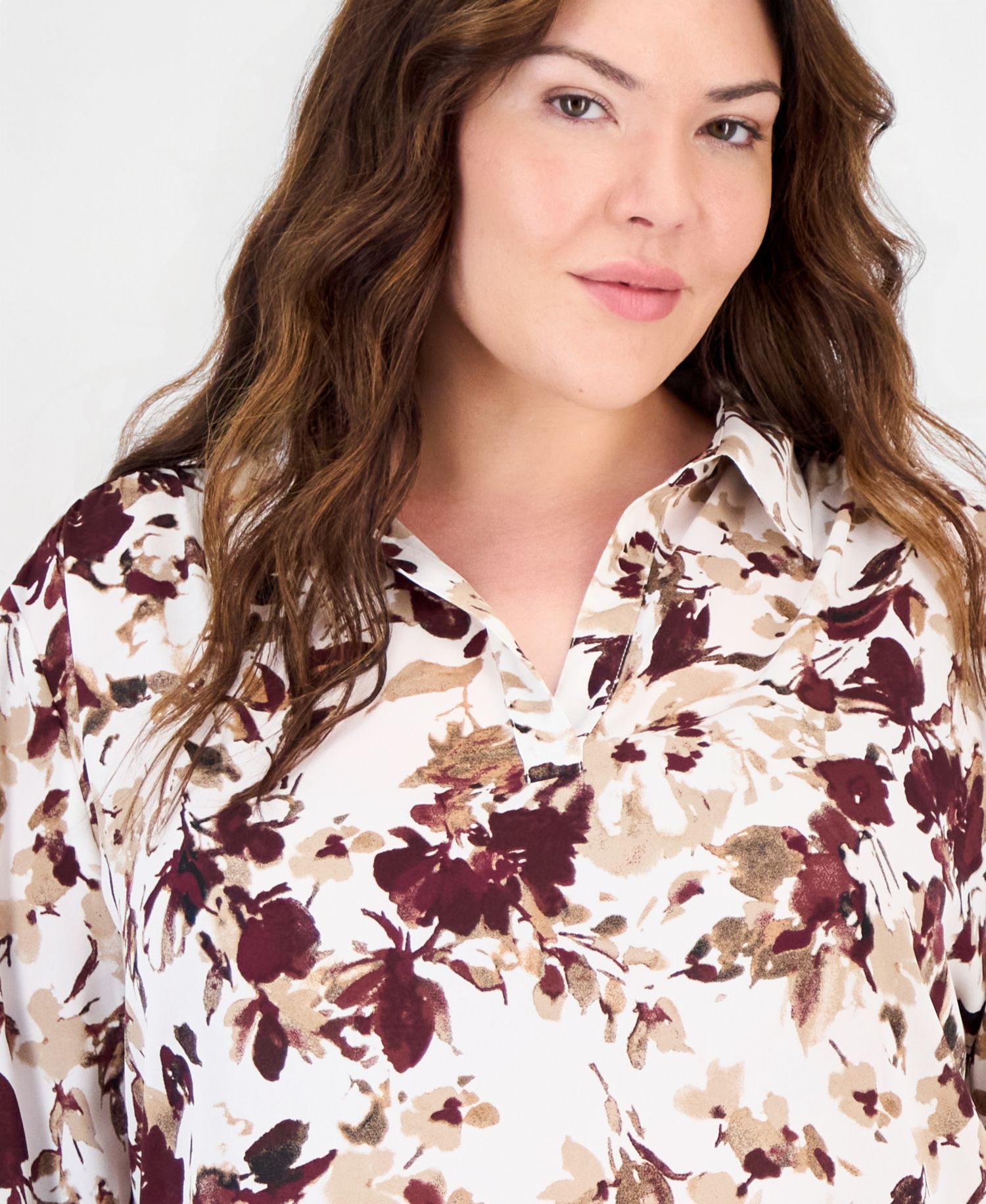 Plus Size Floral Roll-Tab V-Neck Blouse
