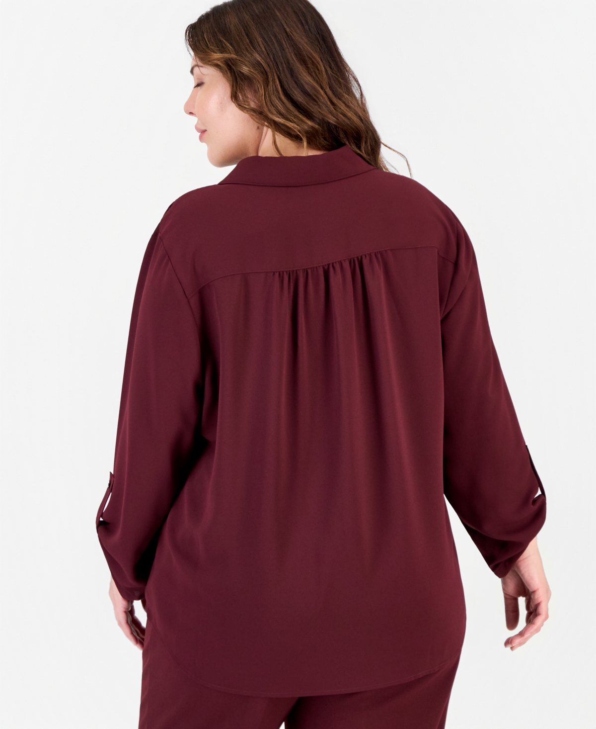 Anne Klein Essentials Plus Size Long-Sleeve Button-Down Roll-Tab Blouse