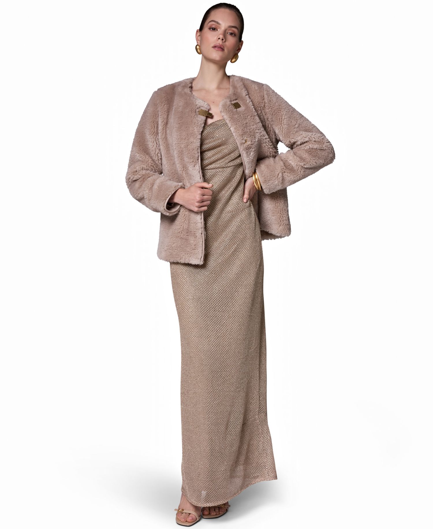 Women's Collarless Buckled Leather Coat
