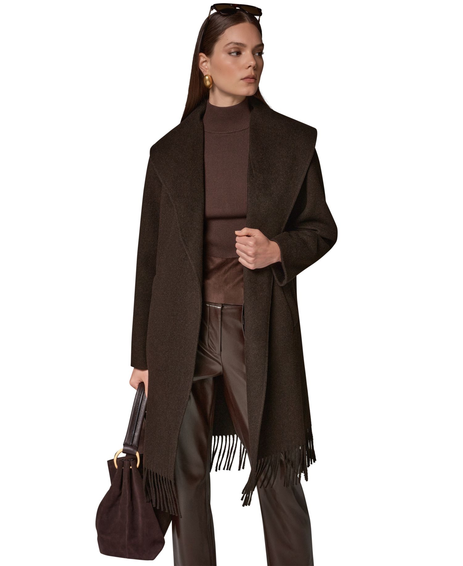 Women's Belted Fringe Wool-Blend Shawl-Collar Mid-Length Coat