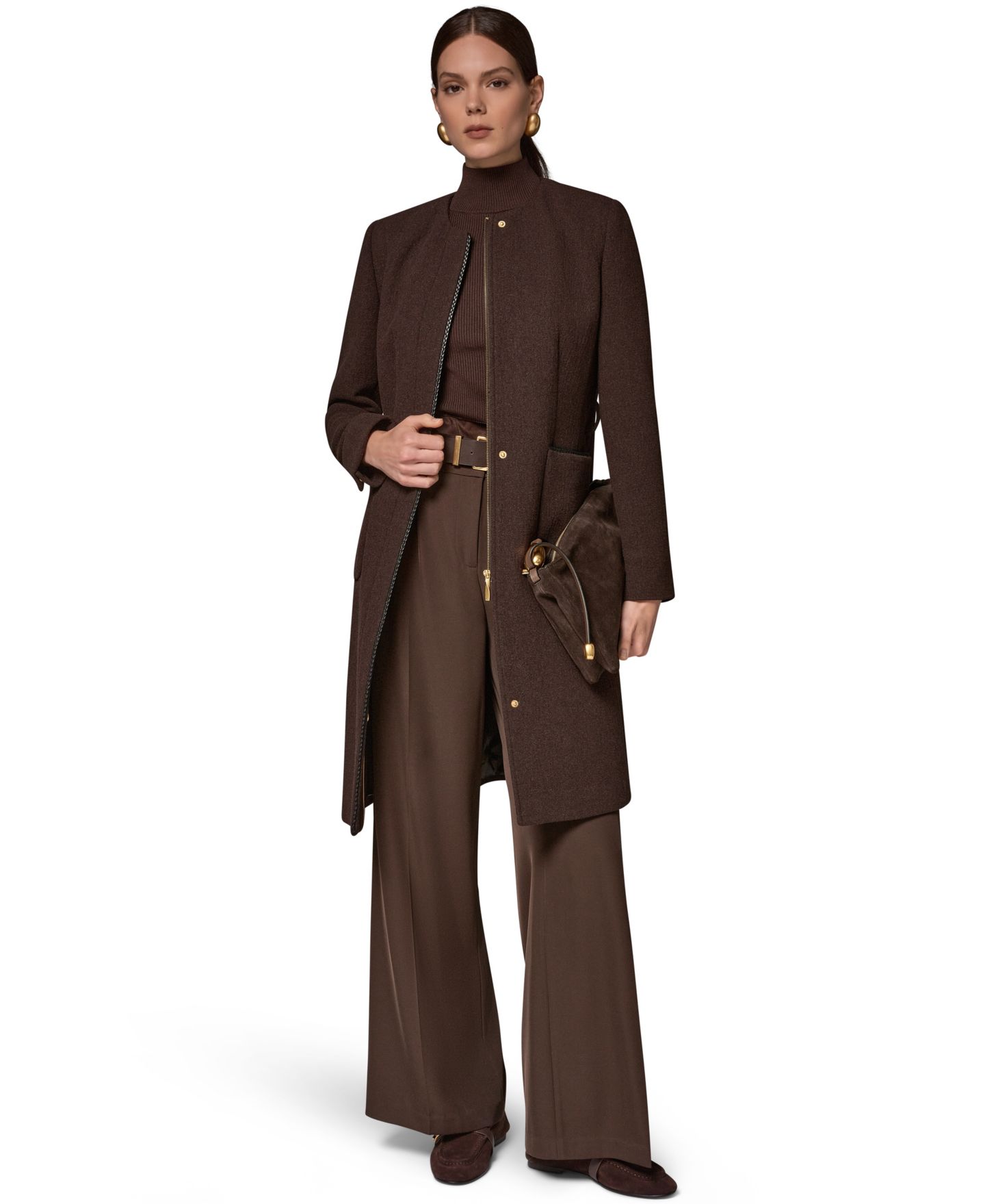 Женское пальто Donna Karan New York без воротника из шерстяной смеси с отделкой, цвет: Шоколадный — фото 6