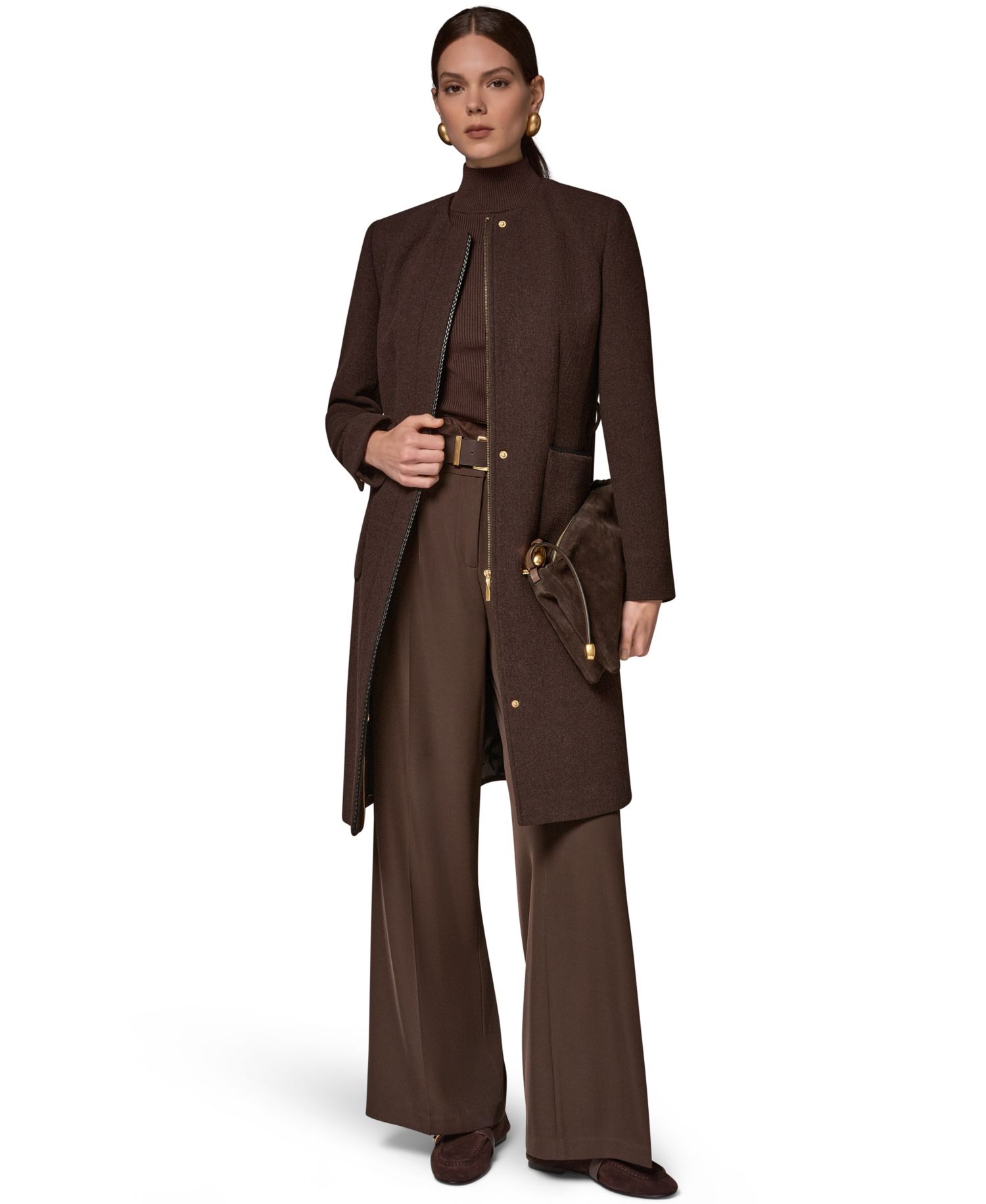 Women's Collarless Wool-Blend Pleather Trim Coat