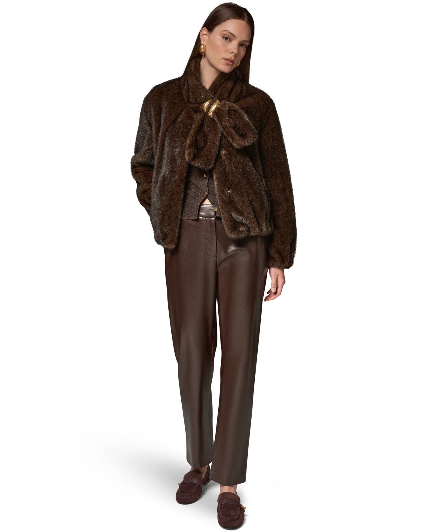 Женское короткое пальто из искусственного меха Donna Karan New York с шарфом, цвет: Шоколадный — фото 2
