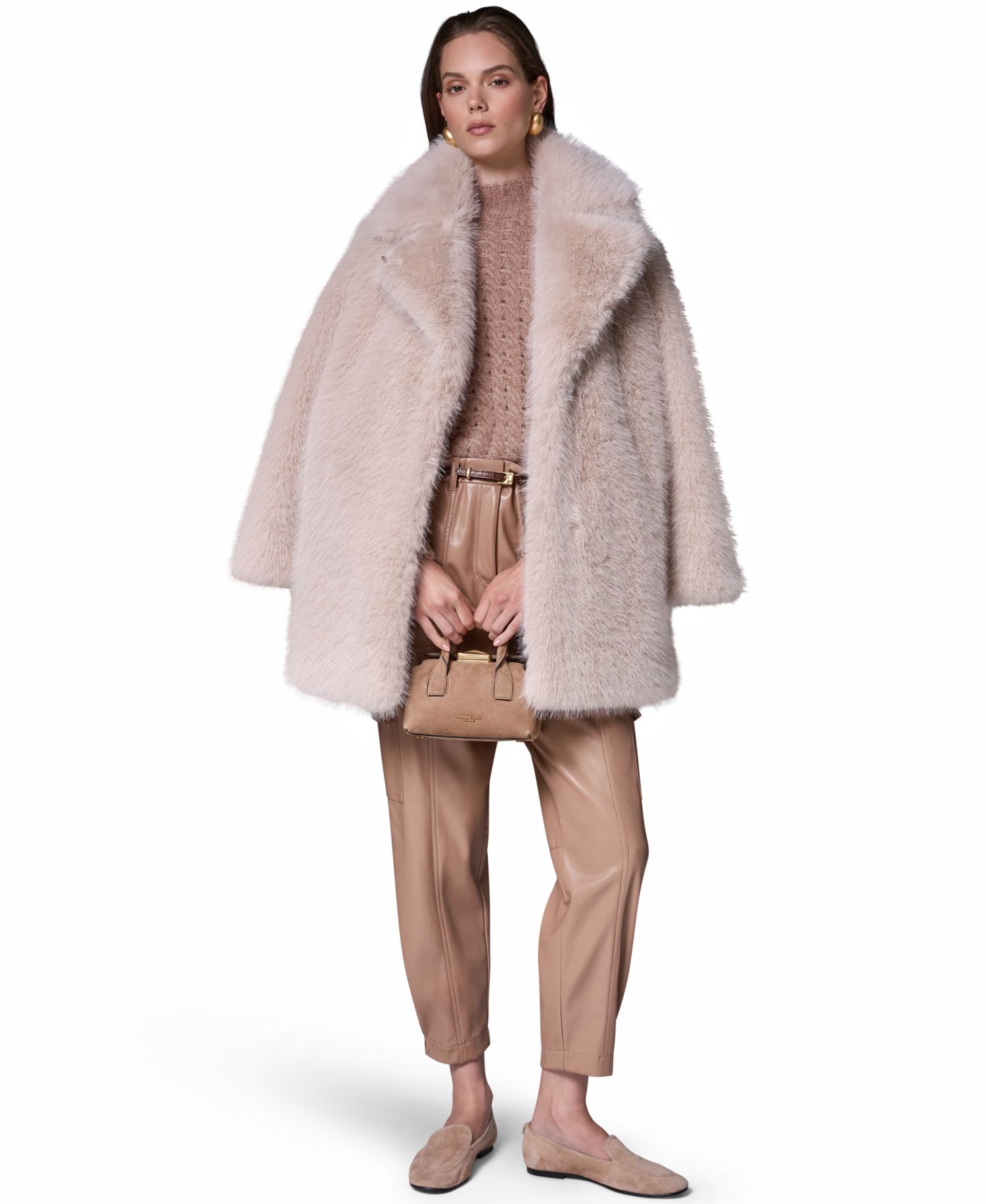 Womens Belted Collared Faux Fur Coat