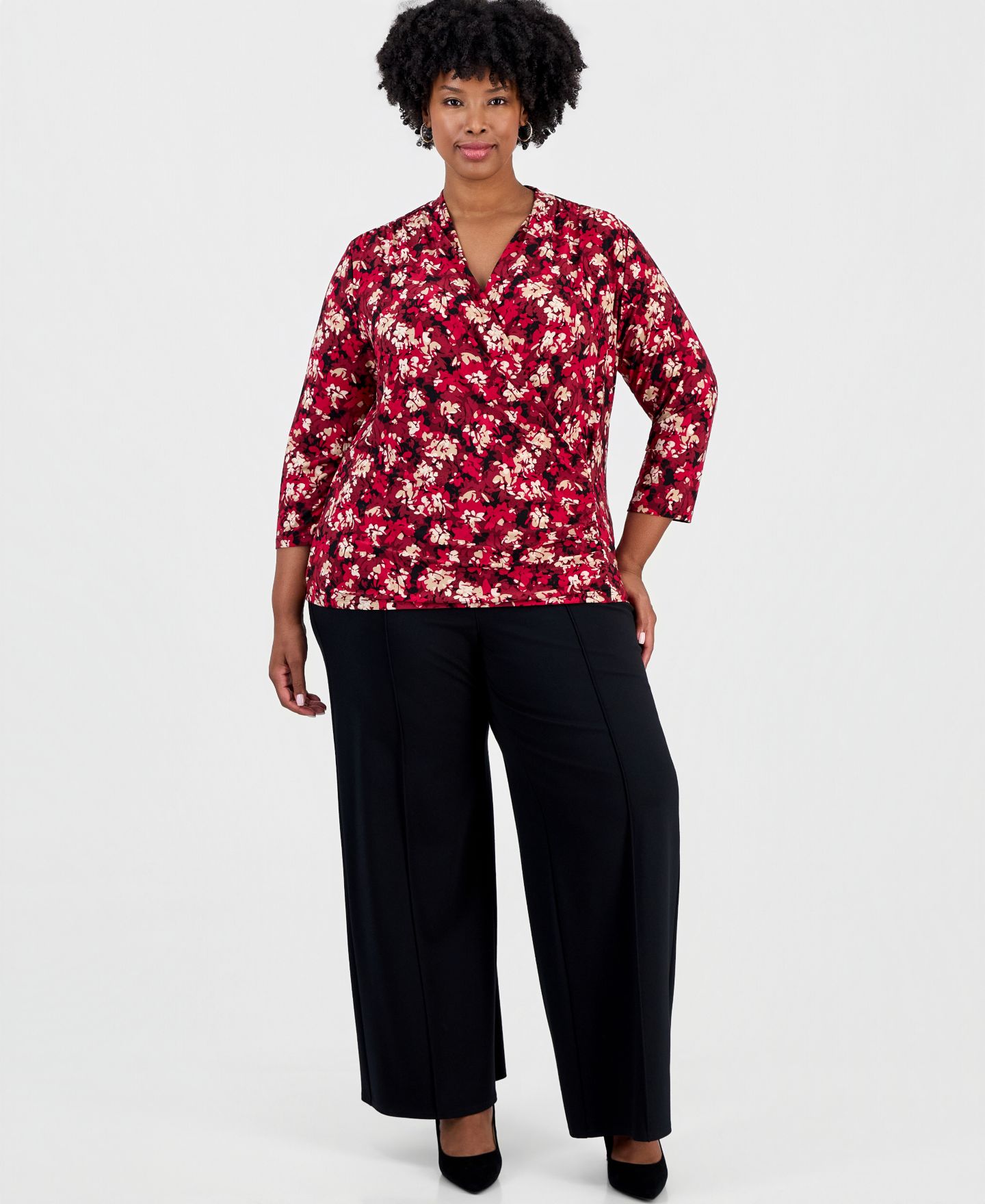 Женский топ Anne Klein Plus Size Faux Wrap Floral 3/4-Sleeve, цвет: Красный разноцветный — фото 3