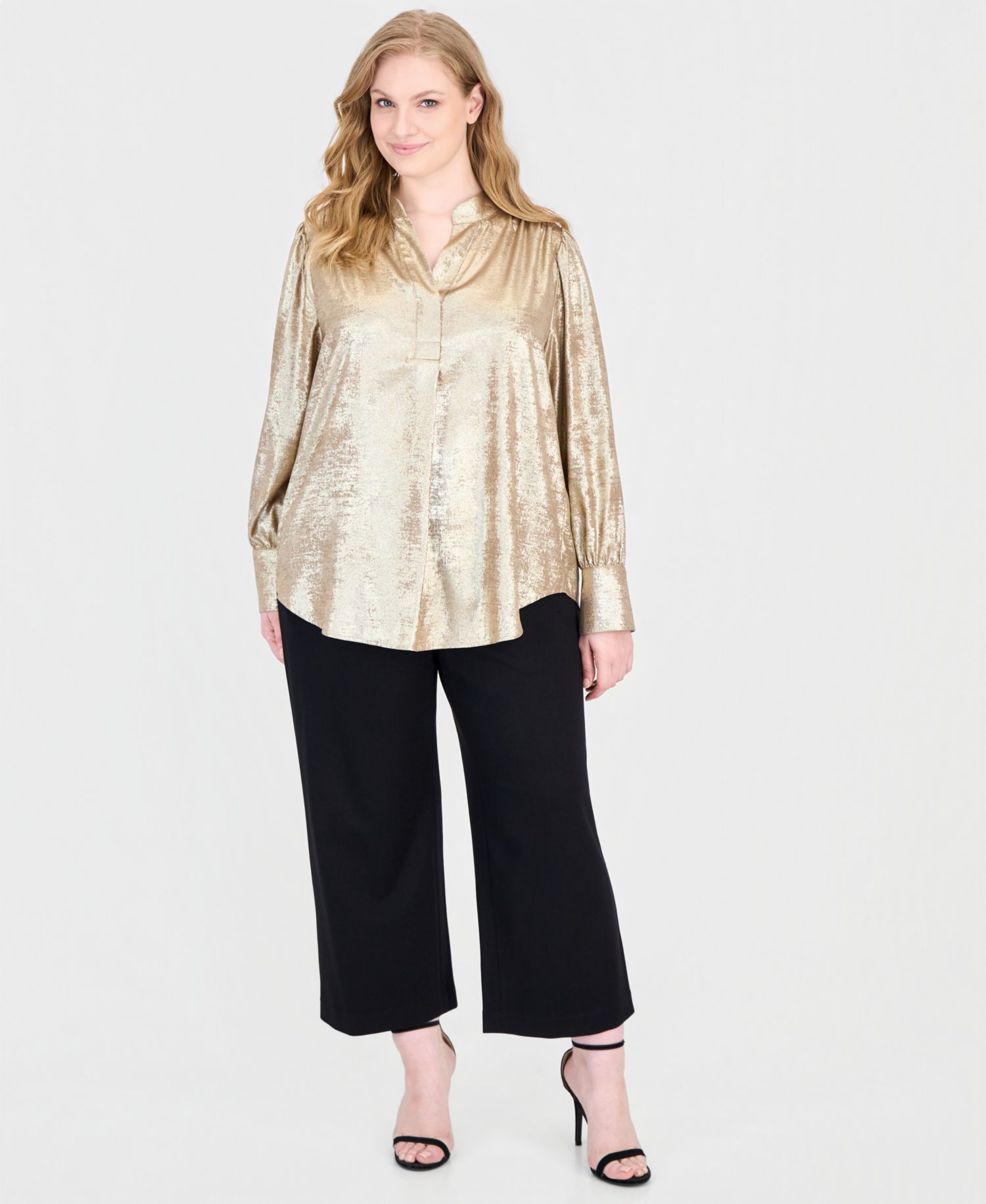 Plus Size V-Neck Pleat-Front Long-Sleeve Blouse