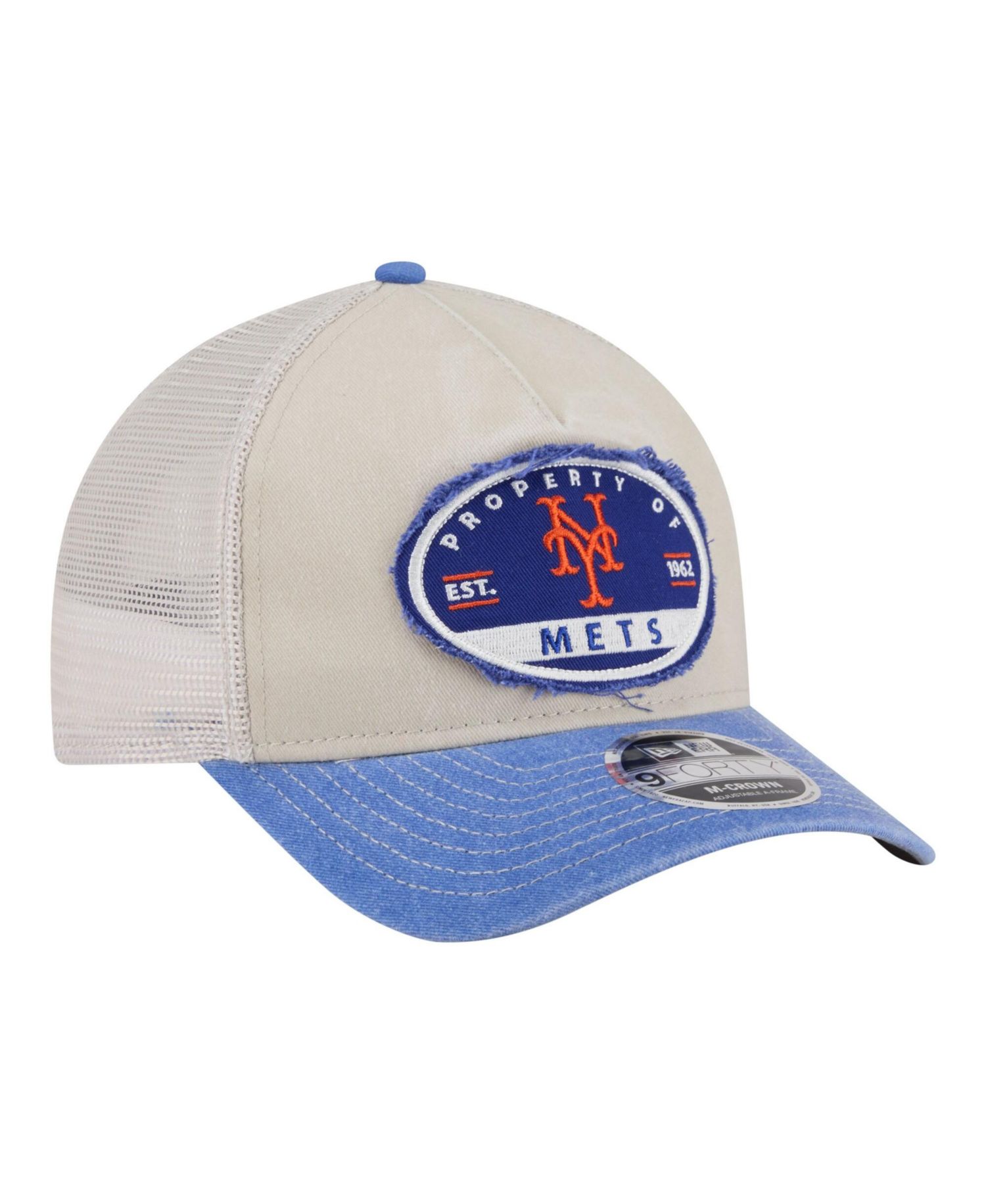 Men's Light Beige/Royal New York Mets Frayed M-Crown A-Frame 9FORTY Trucker Adjustable Hat
