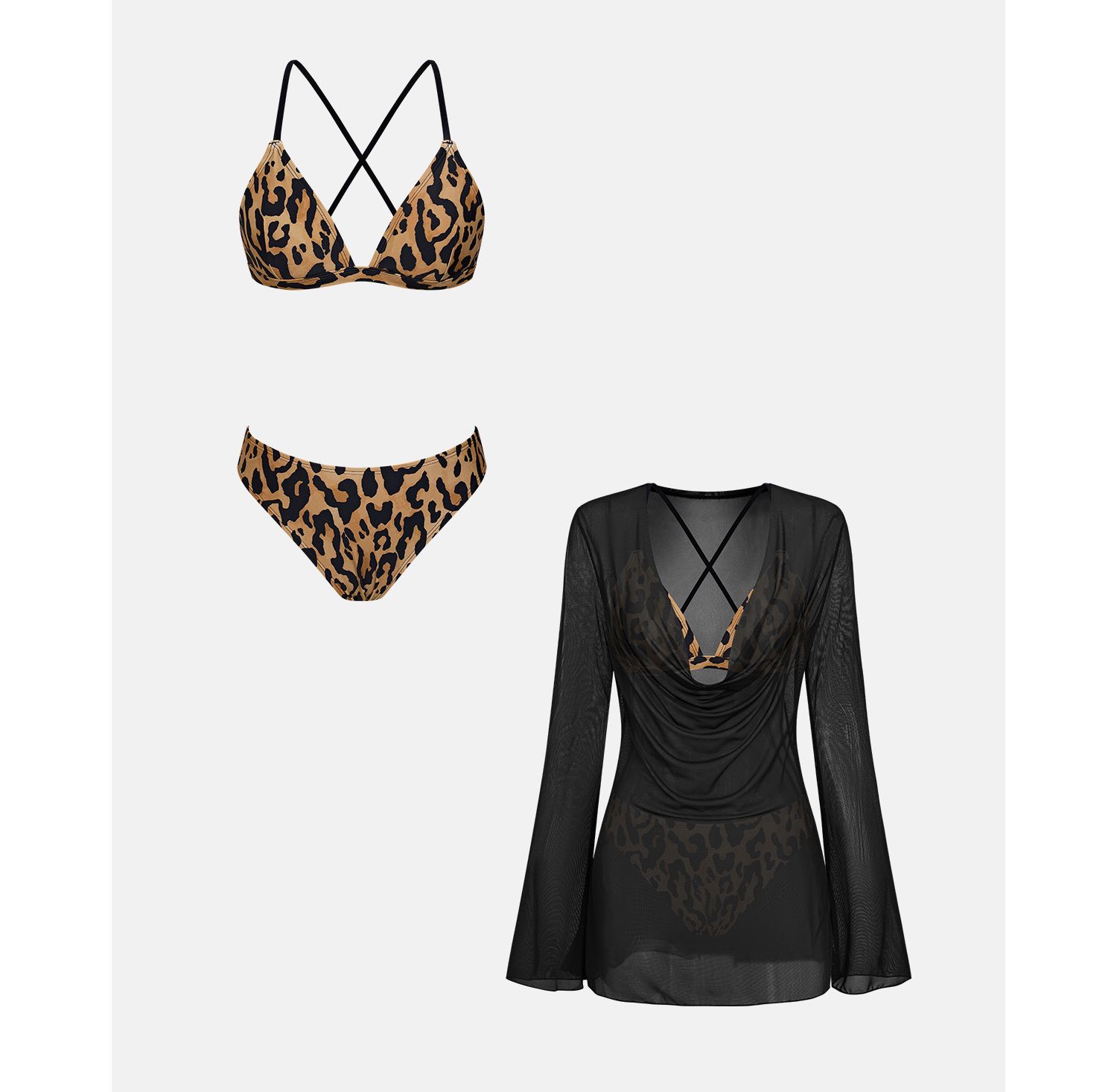 Women's Serene Breeze V-Neck Long-Sleeve Sheer Cover-Up and Bikini Set