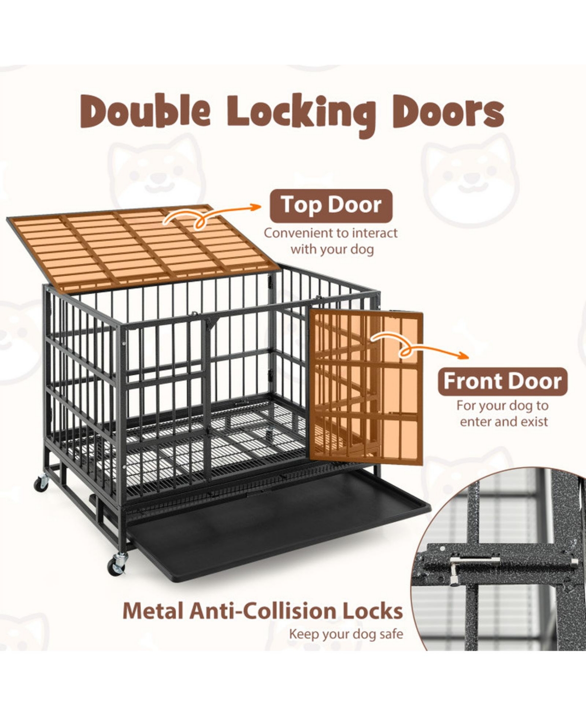 Hongge 38 in Foldable Heavy-Duty Metal Dog Crate with Rolling Casters and Pull-Out Tray