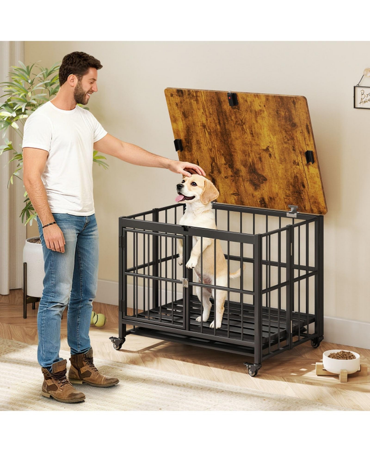 Hongge Foldable Dog Crate Furniture with Removable Tray Lockable Door and Rolling Wheels