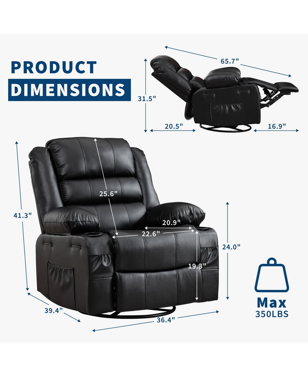 homfan Rocking Recliner Chair for Adults Manual Swivel Rocker with Cup Holders Leather Upholstered Comfy Single Sofa