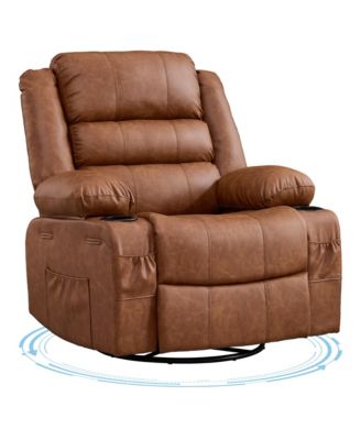 Rocking Recliner Chair for Adults Manual Swivel Recliner Rocker with Cup Holders Leather Upholstered Comfy Single Sofa Chair