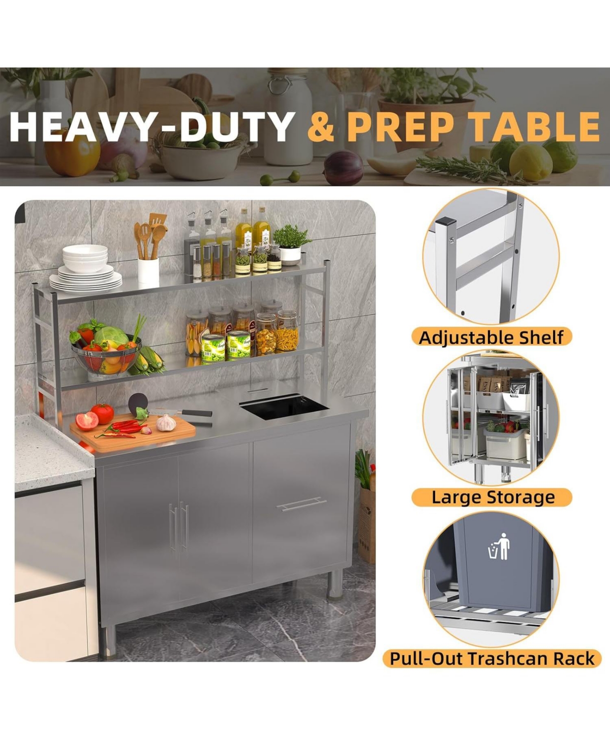 Aecojoy Stainless Steel Prep Table w Trash Bin Cabinet Commercial Worktable Adjustable Shelves