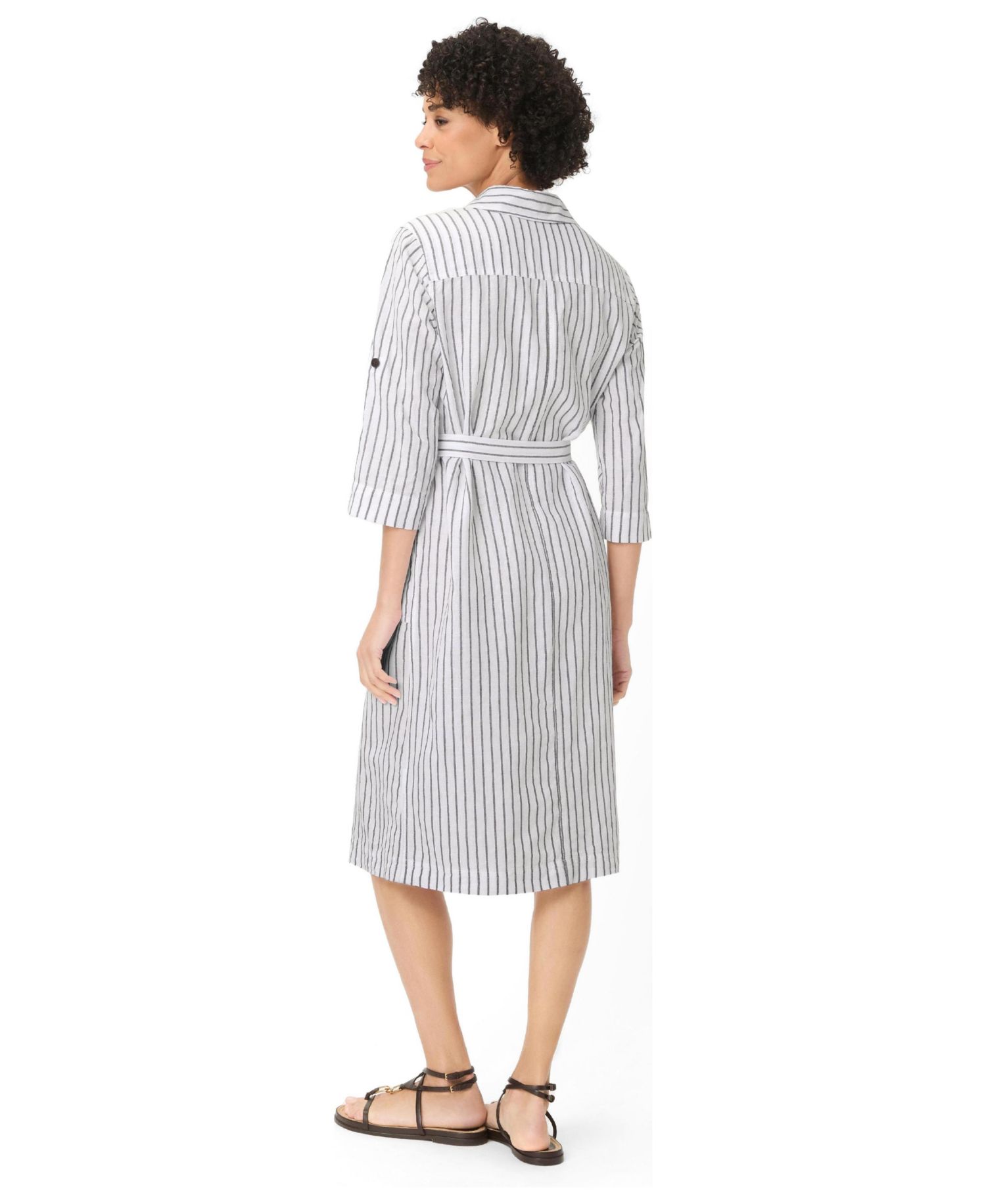 Women's Stripe Midi Linen-Cotton Blend Shirt Dress