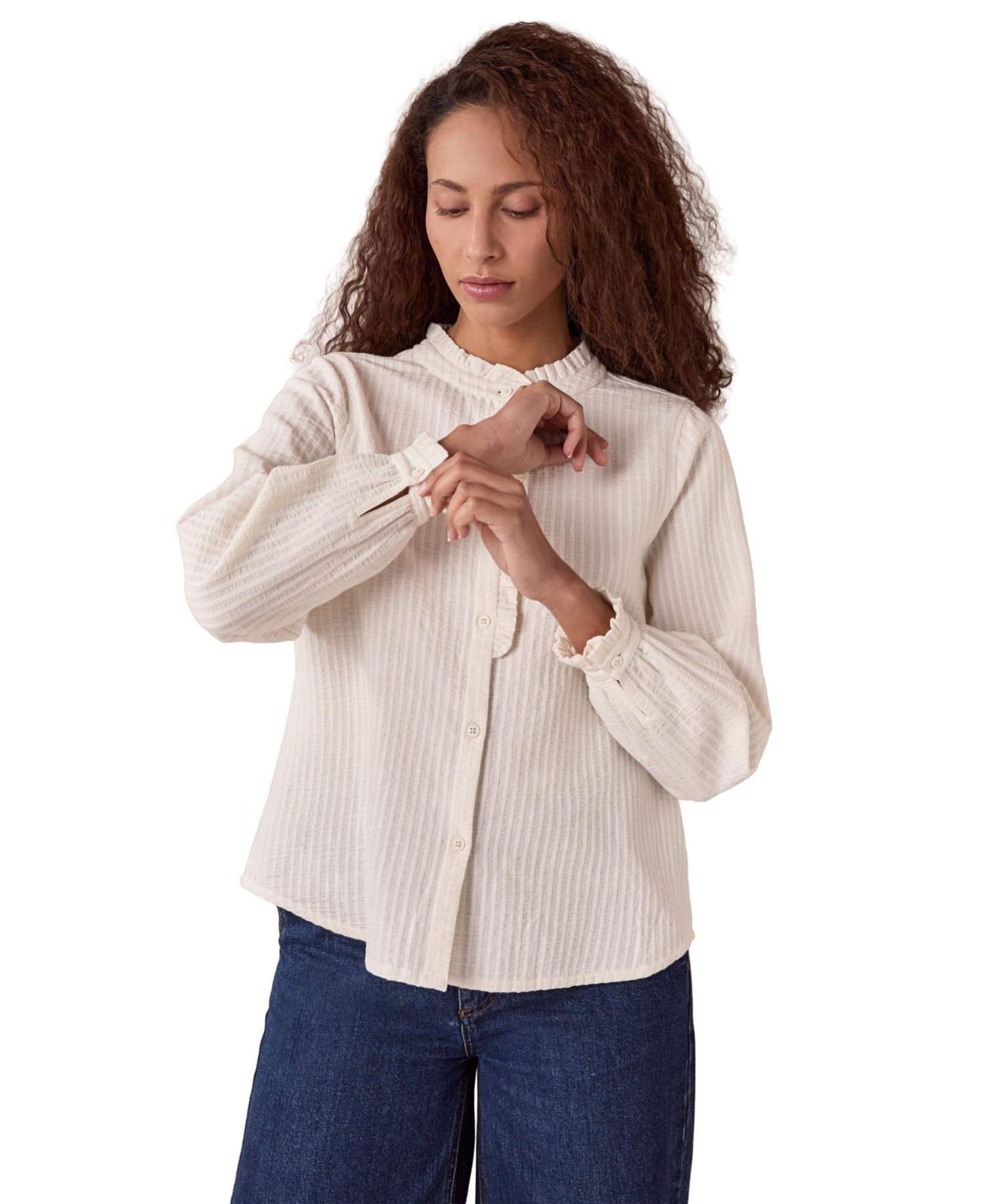 Women's Textured Cotton Shirt With Frill Collar