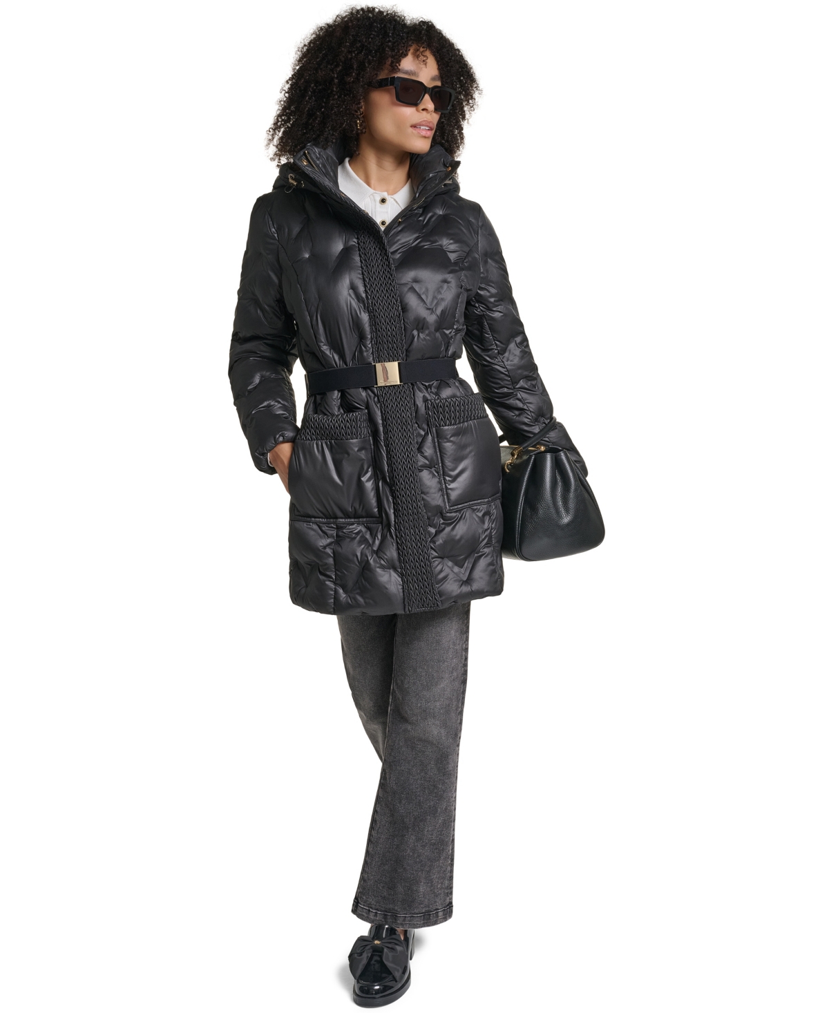 Karl Lagerfeld Paris Women's Heat-Seal Deatil Belted Long Puffer Coat