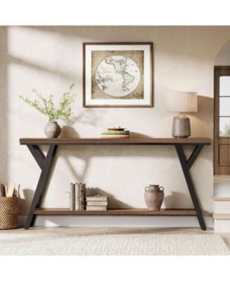 70.9" Narrow Console Table: Industrial sofa table with 2-tier shelf for hallway, living room, entrance, foyer.