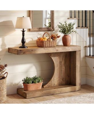39.4" C-Shaped Solid Wood Console Table, Mid-Century Modern Wood Entryway Table, Unique Entry Accent Table