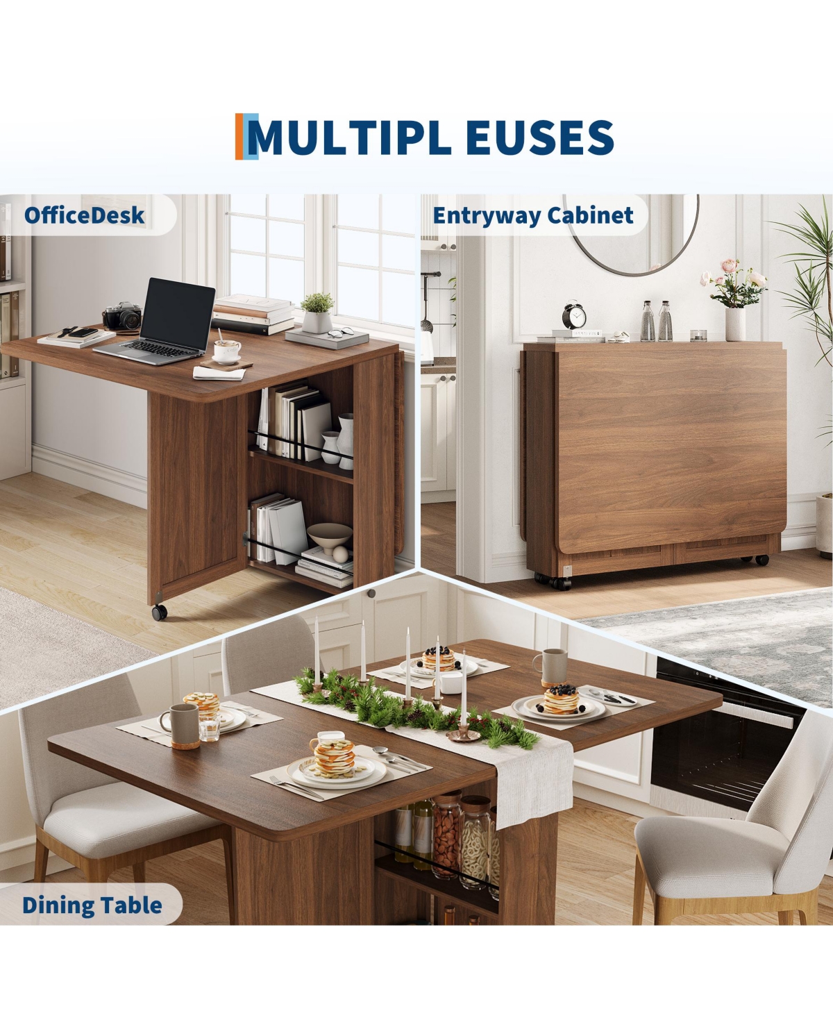 homfan Folding Dining Table with Storage, Folding Kitchen Table with 6 Wheels, Drawer and Shelves, Compact Dining Table for Small Spaces