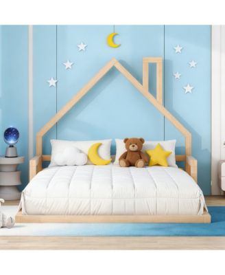 Full Wood Floor Bed Frame with House-Shaped Headboard and Chimney