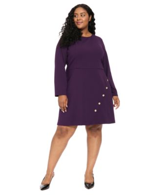 Plus Size Crewneck Long-Sleeve Button-Trim Sheath Dress