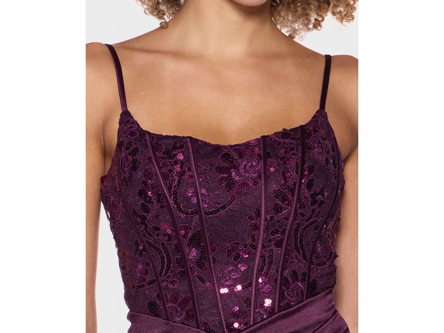 Женское платье B Darlin Juniors' Scoop-Neck Satin-Knit Corset Bodice, цвет: Тёмный тёмно-бордовый — фото 6