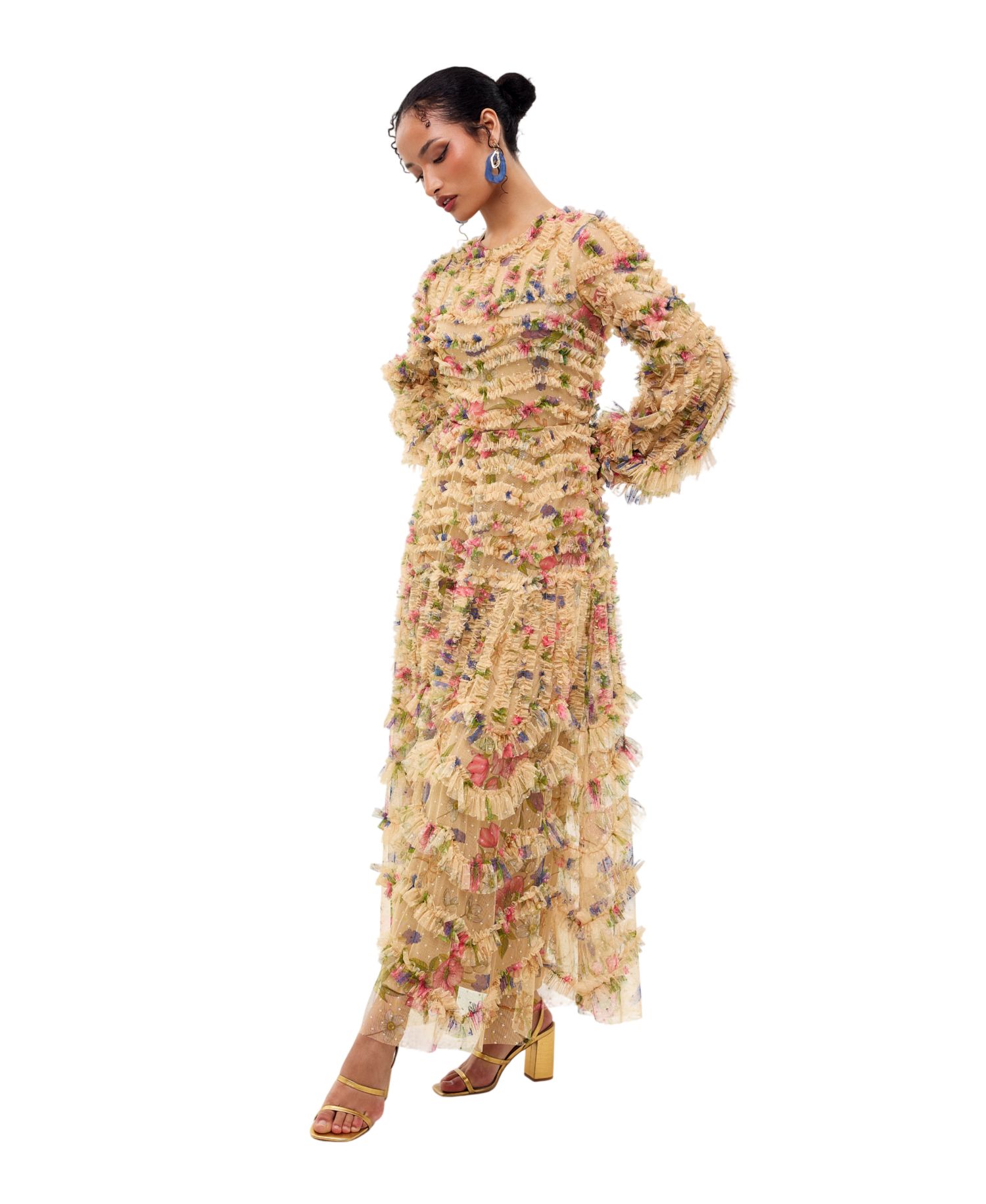 Women's Long Sleeve Floral-Print Ruffle Dress