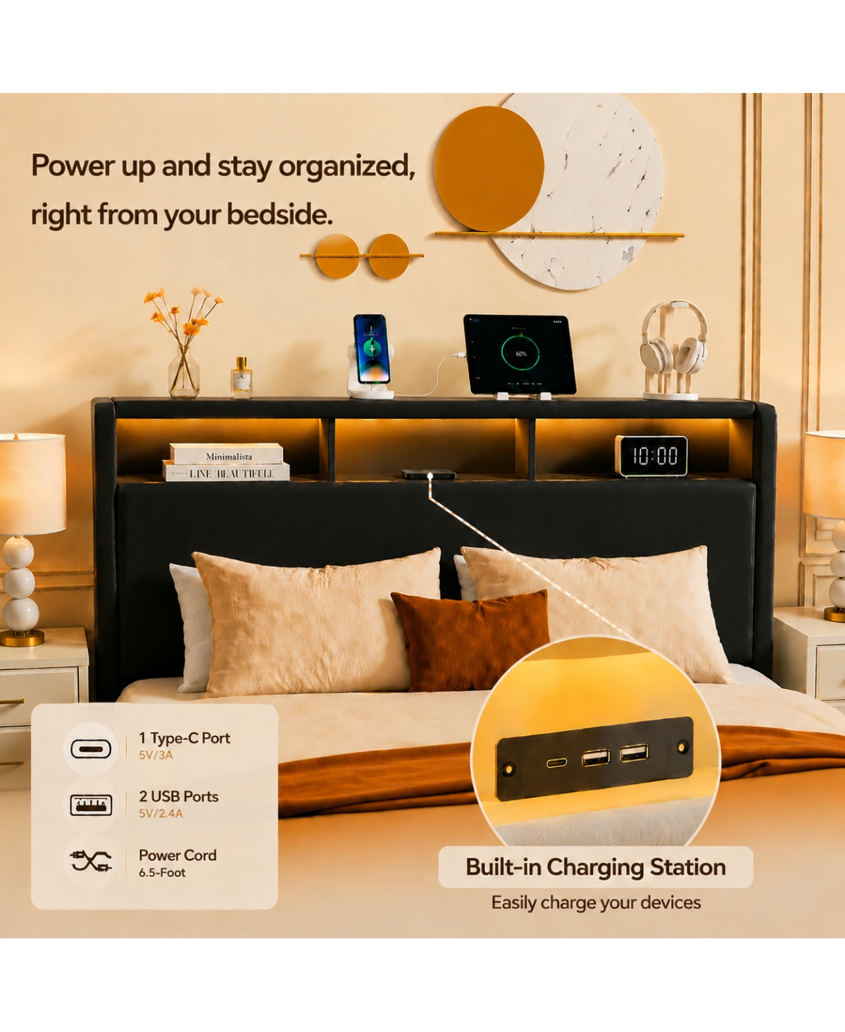 Streamdale Furniture Full-Size Upholstered Storage Bed with Led Headboard, Charging Station and Drawers