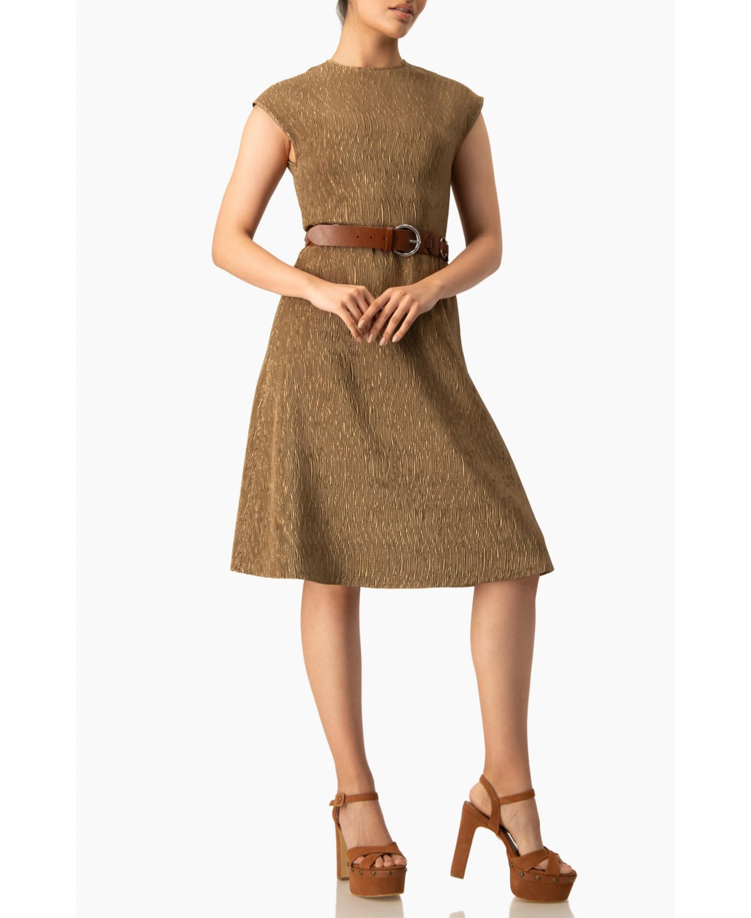 Women's Textured Belted A-Line Dress, Cap Sleeve Fit-and-Flare with Buckle Belt