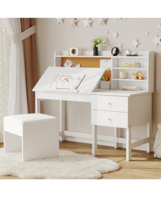 Adjustable Kids Desk and Chair Set, Wooden Study Table with Tilting Desktop, Drawers and Cork Board, Ergonomic Workspace for Boys and Girls