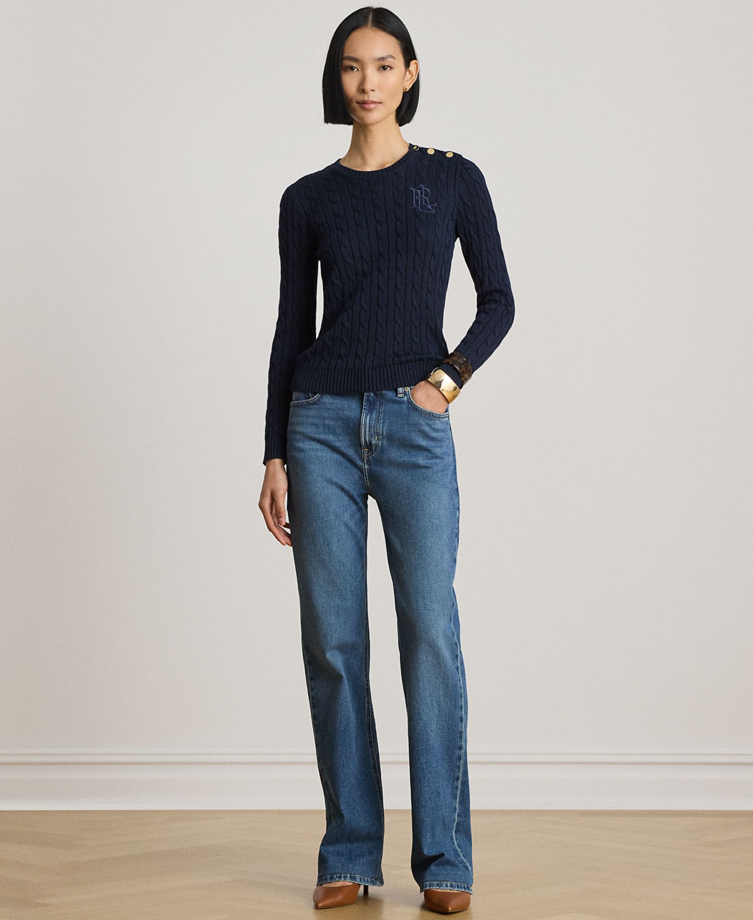 Petite Button-Trim Cable-Knit Sweater