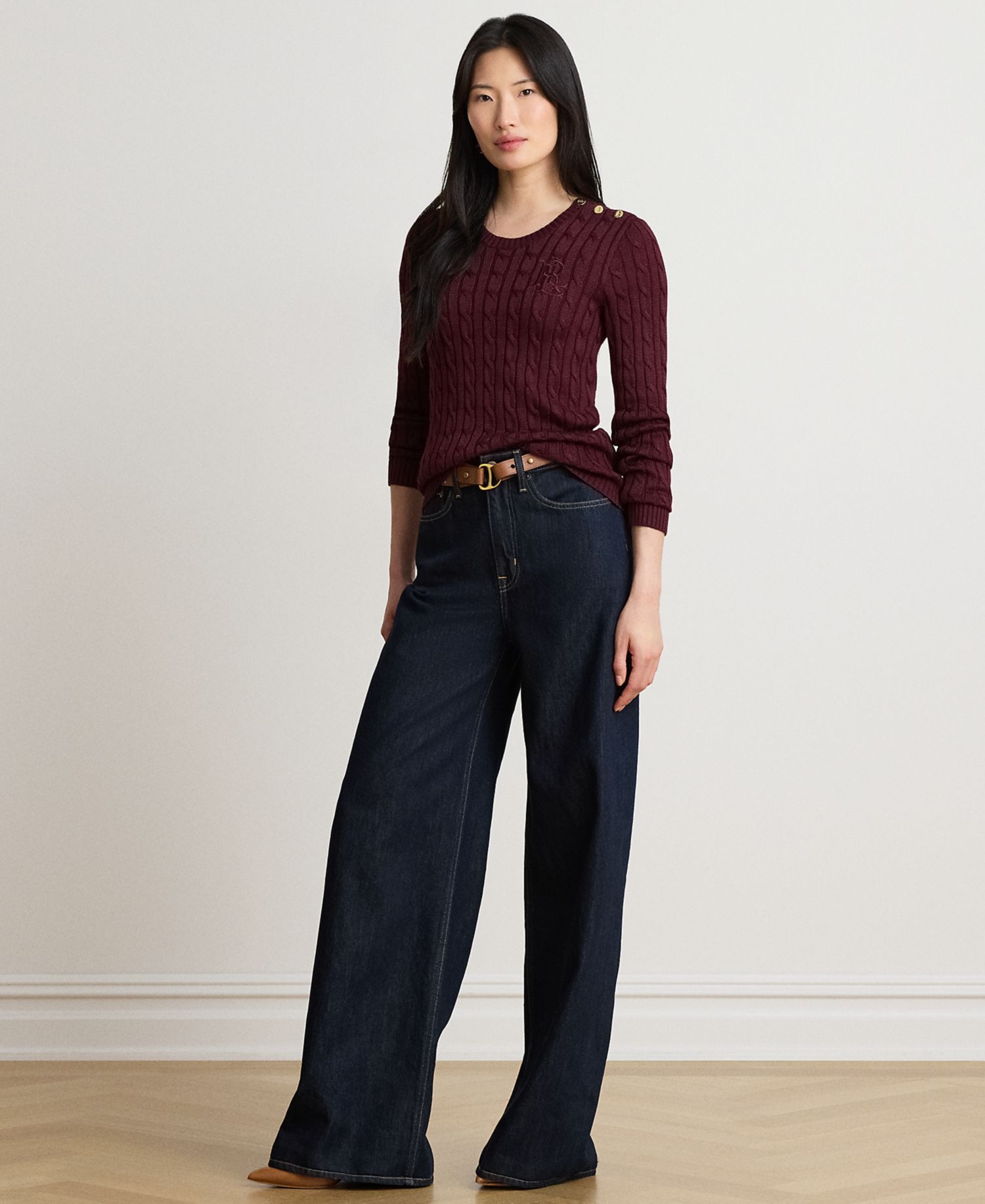 Petite Button-Trim Cable-Knit Sweater