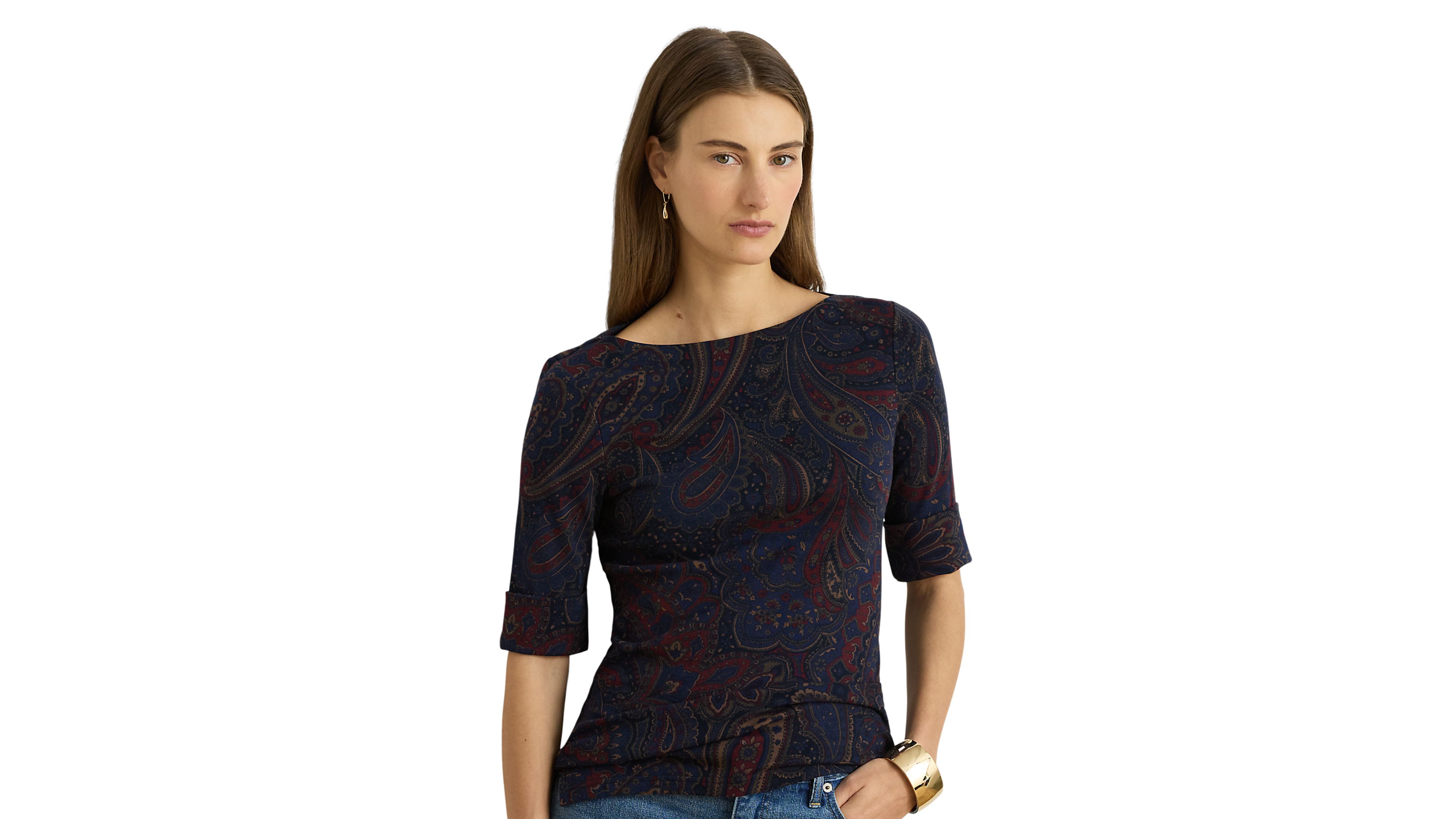Lauren Ralph Lauren Womens Paisley Boatneck Elbow Length Sleeve T Shirt