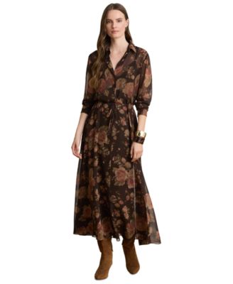Petite Graceful Chiffon Floral A-Line Long-Sleeve Dress