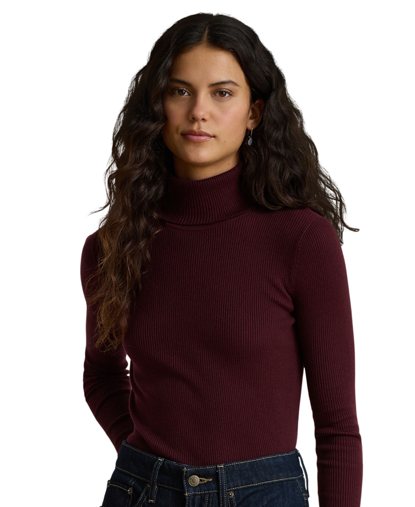 Женский свитер Lauren Ralph Lauren Petite Ribbed Slim-Fit Cotton-Blend Turtleneck, цвет: Тёмный гранатовый — фото 1