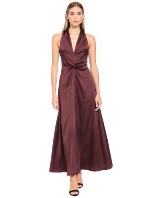 Women's Halter Gathered V-Neck Keyhole-Back Midi Dress