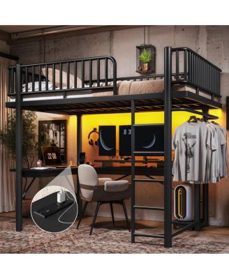   Loft Bed with L-Shaped Desk, LED Lights, and Charging Station