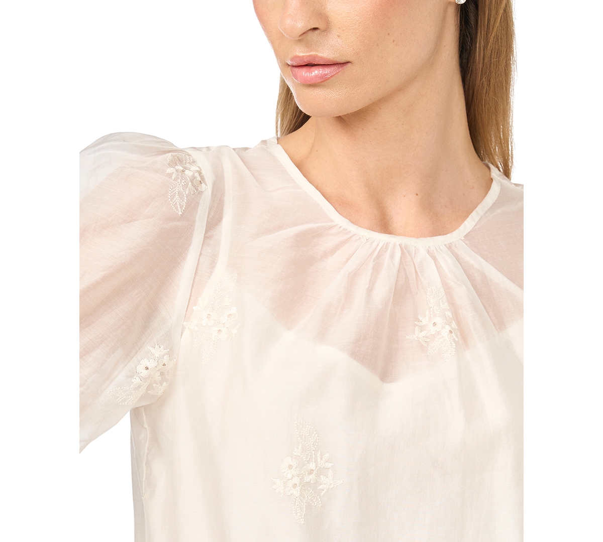 CeCe Women's Bubble Short-Sleeve Shirred Crewneck Blouse